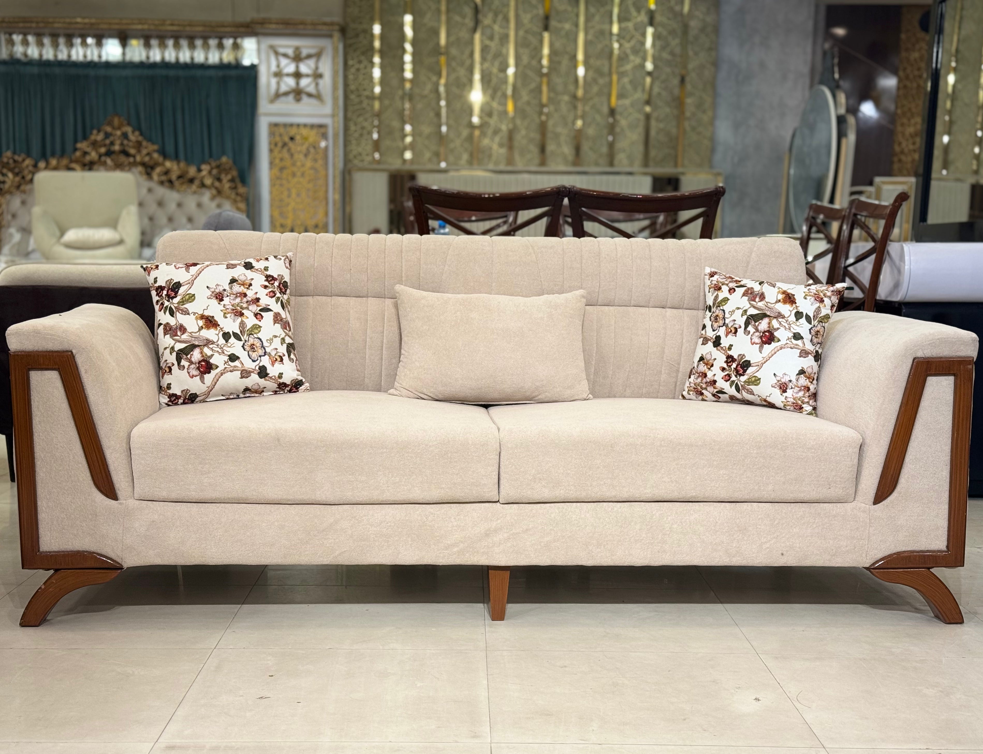Cream Upholstery with Wood Frame & Curved Arm Design