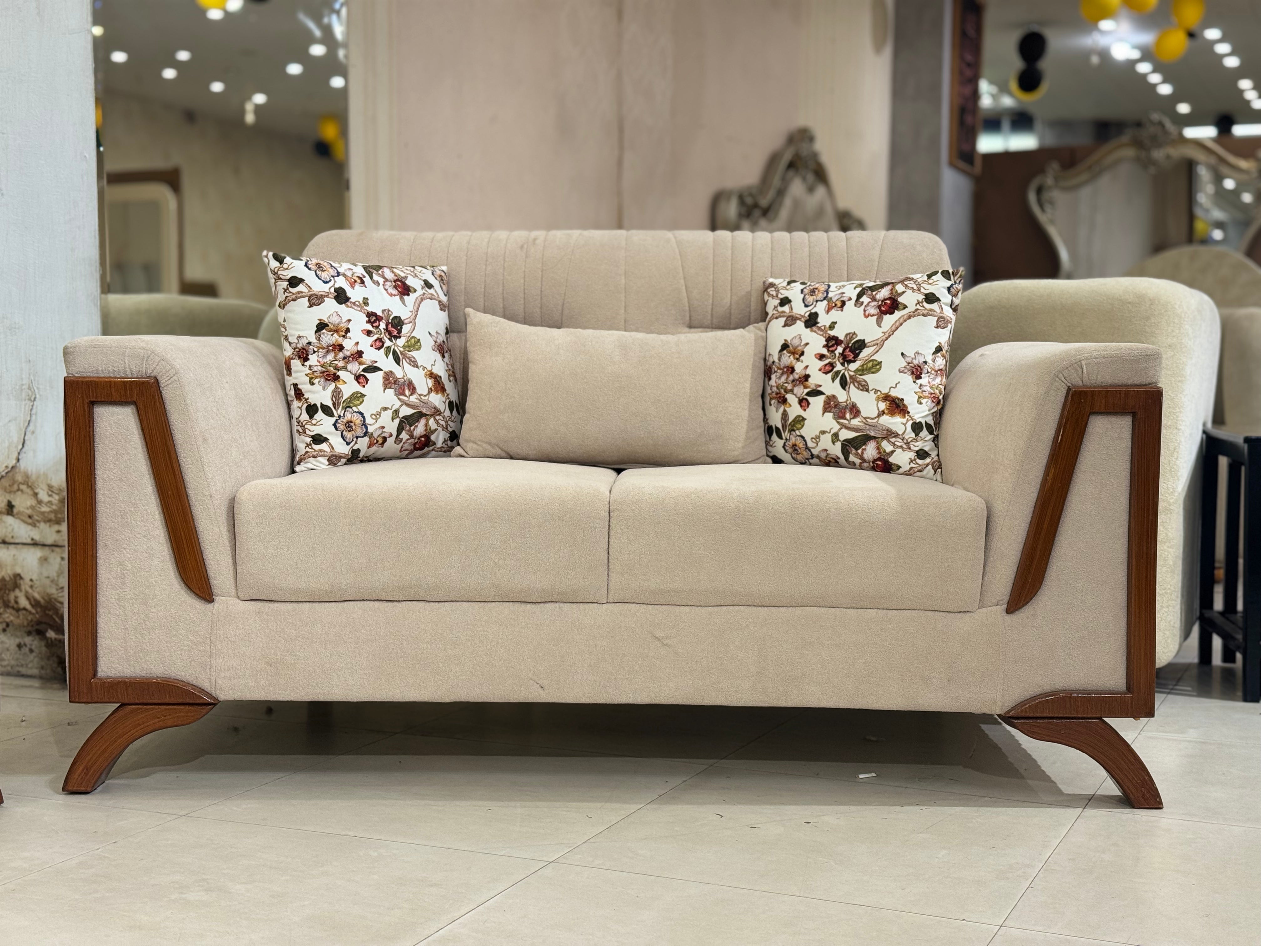 Cream Upholstery with Wood Frame & Curved Arm Design