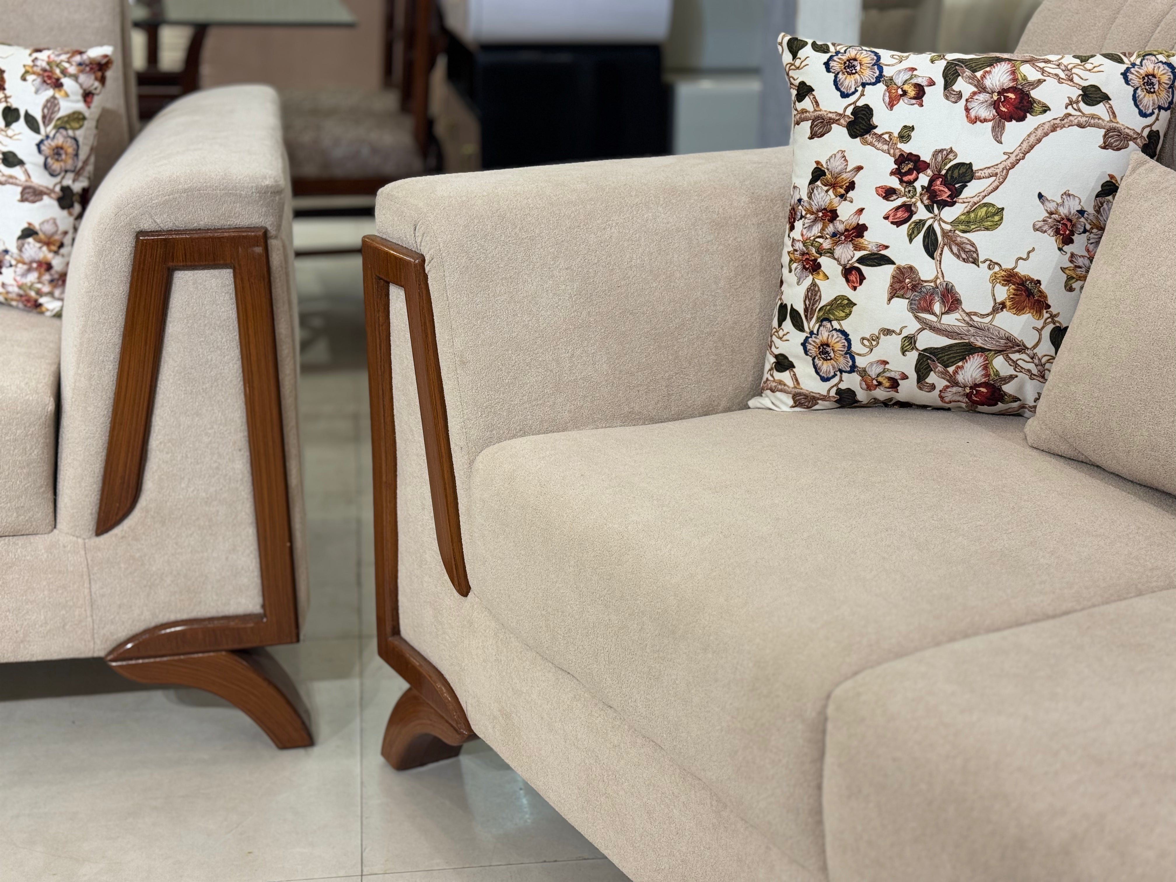 Cream Upholstery with Wood Frame & Curved Arm Design