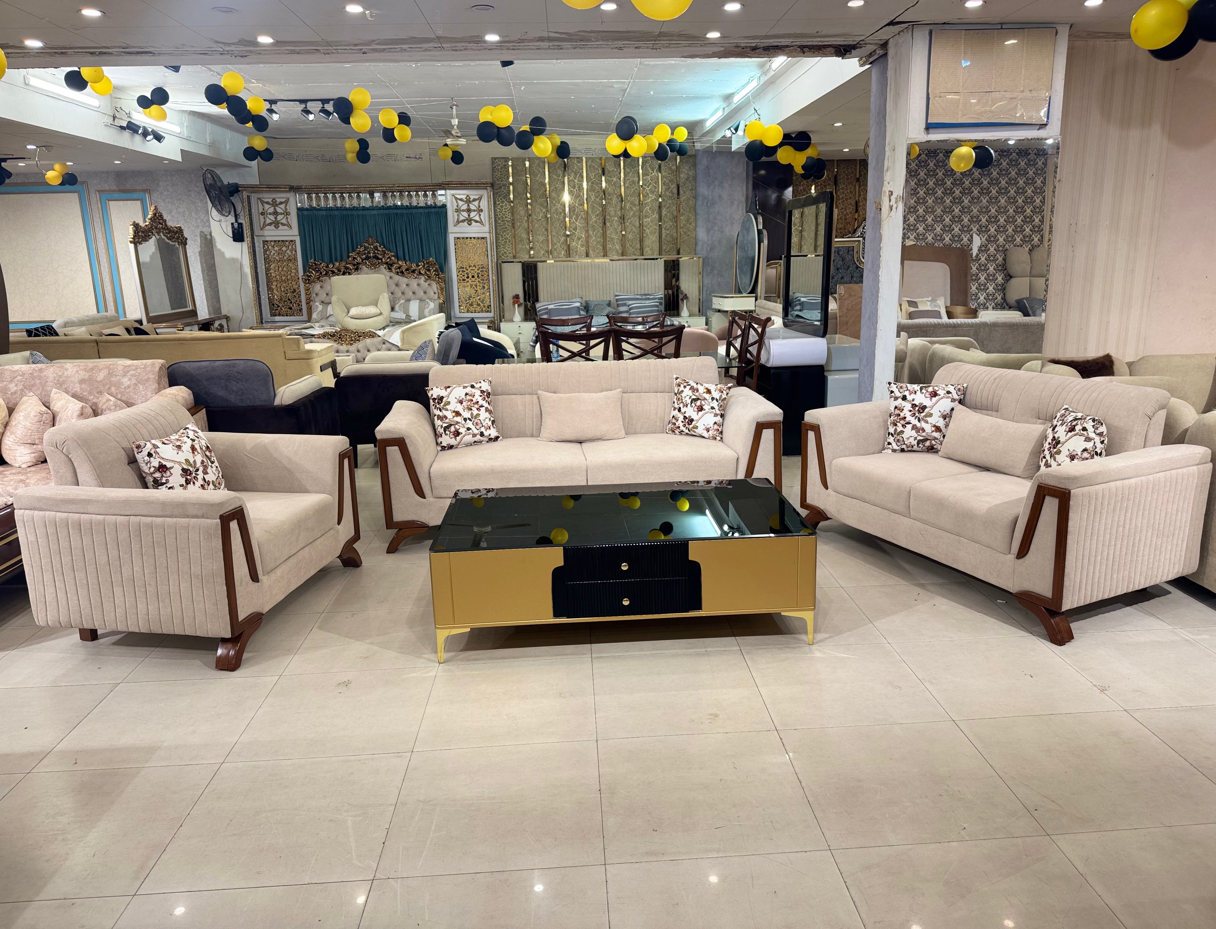 Cream Upholstery with Wood Frame & Curved Arm Design