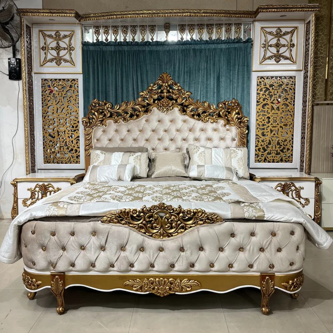 Royal Luxury Tufted Bed Set – Classic Gold & Cream Design
