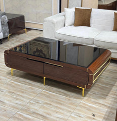 Luxury Wooden Center Table with Black Glass Top | KSF Furniture
