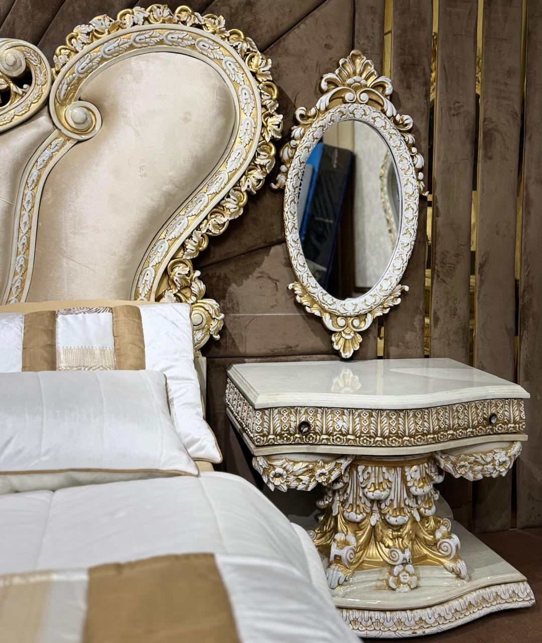 Luxury White & Gold Upholstered Bedroom Set with Side Tables